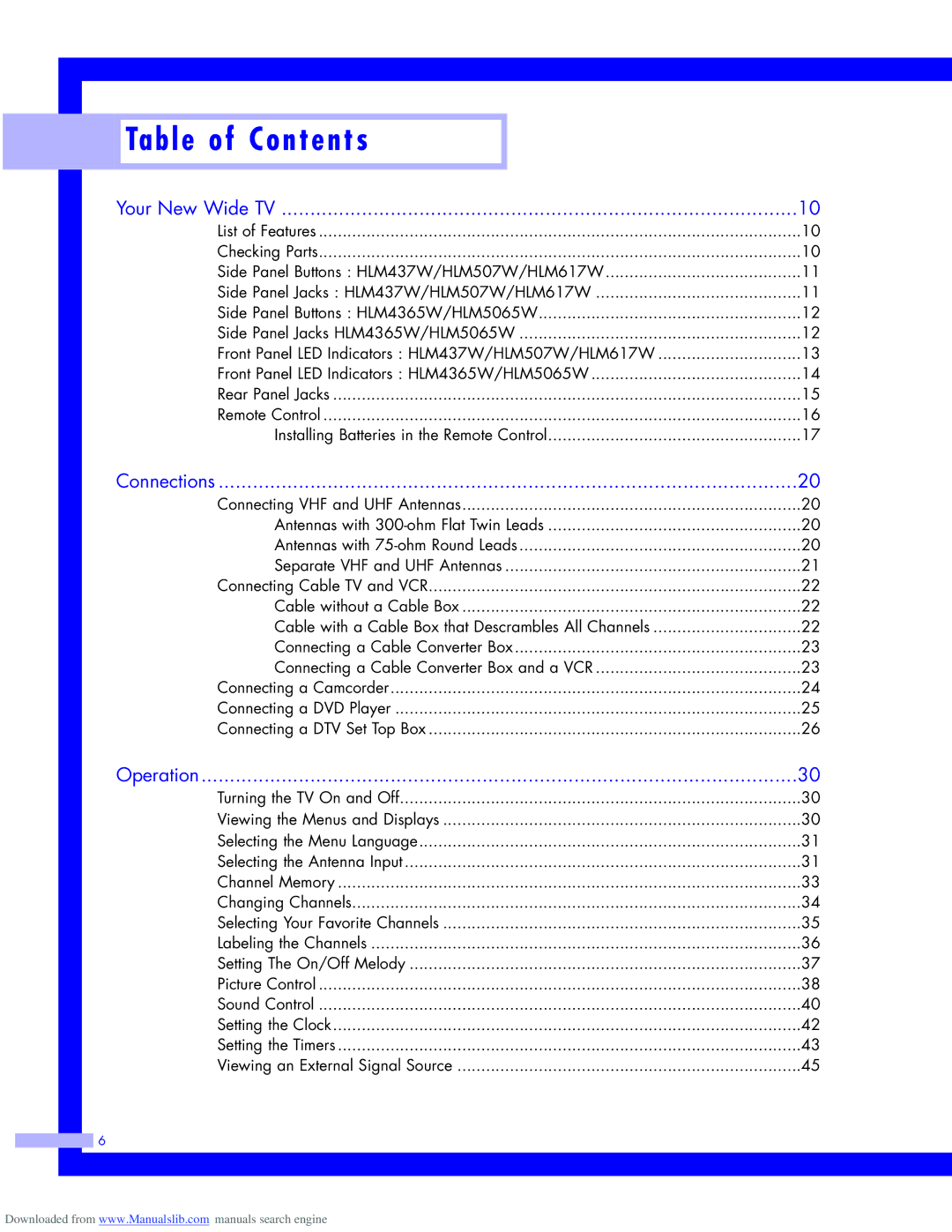 Samsung HLM5065W, HLM437W, HLM617W, HLM507W instruction manual Table of Contents 