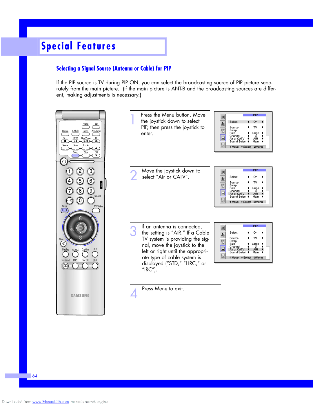 Samsung HLM437W, HLM617W, HLM5065W, HLM507W instruction manual Selecting a Signal Source Antenna or Cable for PIP 