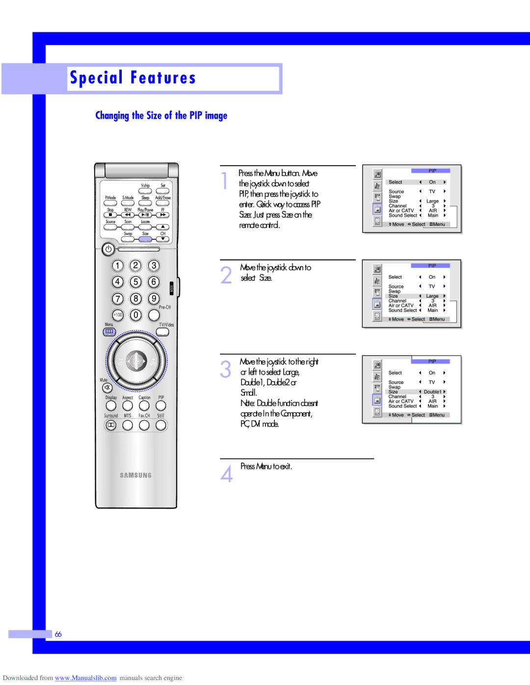 Samsung HLM5065W, HLM437W, HLM617W, HLM507W instruction manual Changing the Size of the PIP image 