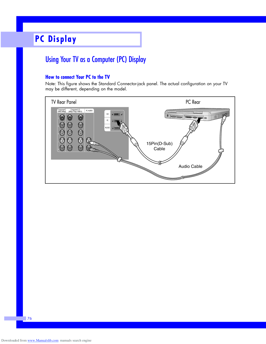 Samsung HLM437W, HLM617W, HLM5065W, HLM507W Using Your TV as a Computer PC Display, How to connect Your PC to the TV 