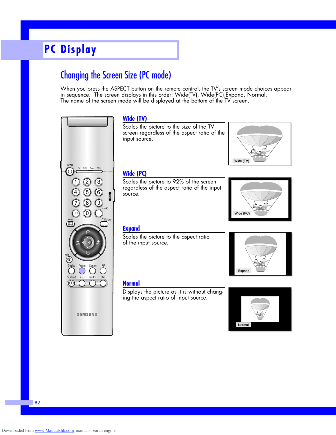 Samsung HLM5065W, HLM437W, HLM617W, HLM507W instruction manual Changing the Screen Size PC mode, Wide TV, Wide PC, Expand 