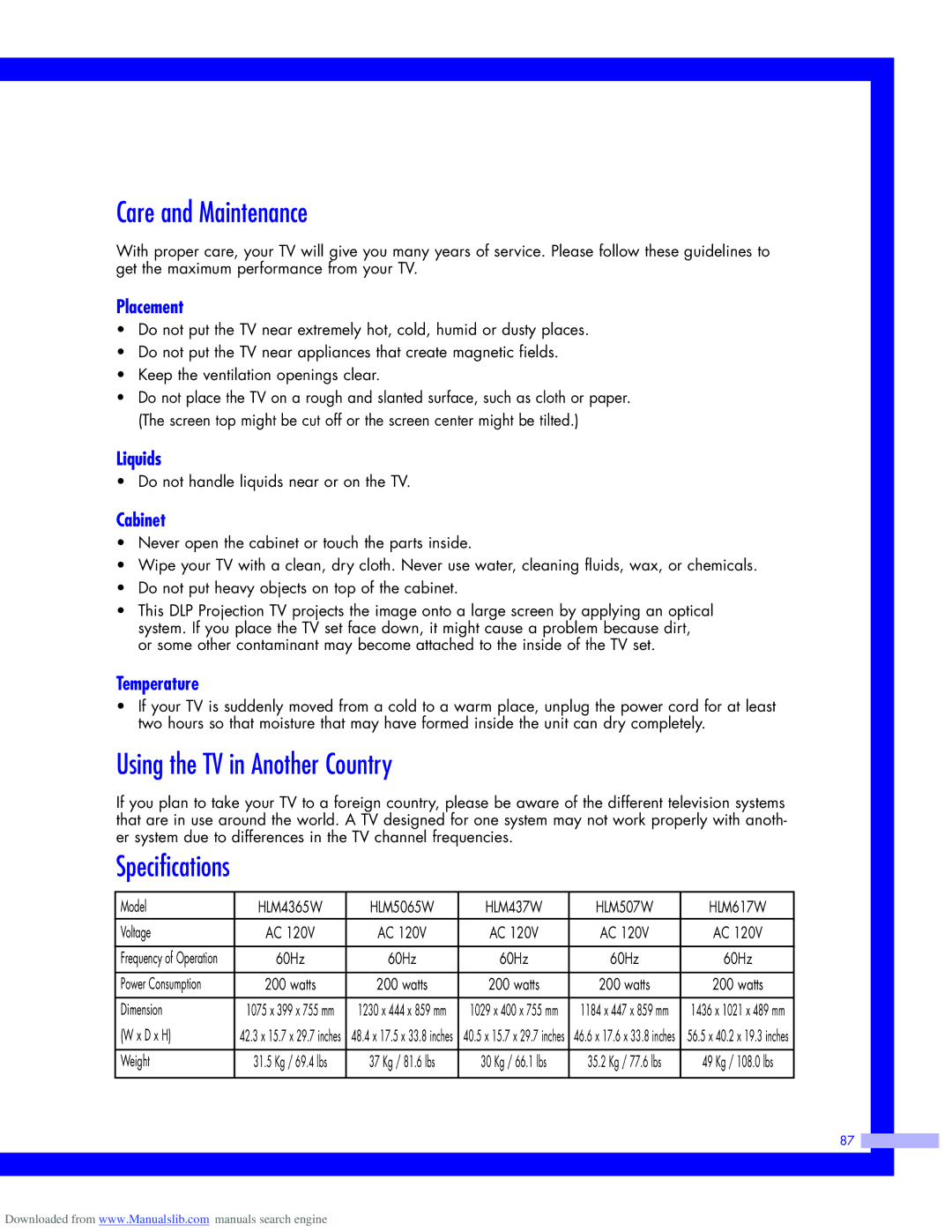 Samsung HLM507W, HLM437W, HLM617W, HLM5065W Care and Maintenance, Using the TV in Another Country, Specifications 