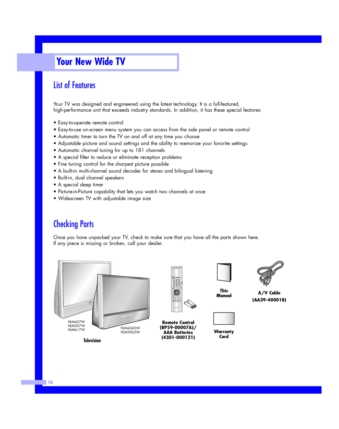 Samsung HLM617W, HLM507W, HLM 5065W, HLM 437W, HLM4365W instruction manual List of Features, Checking Parts 