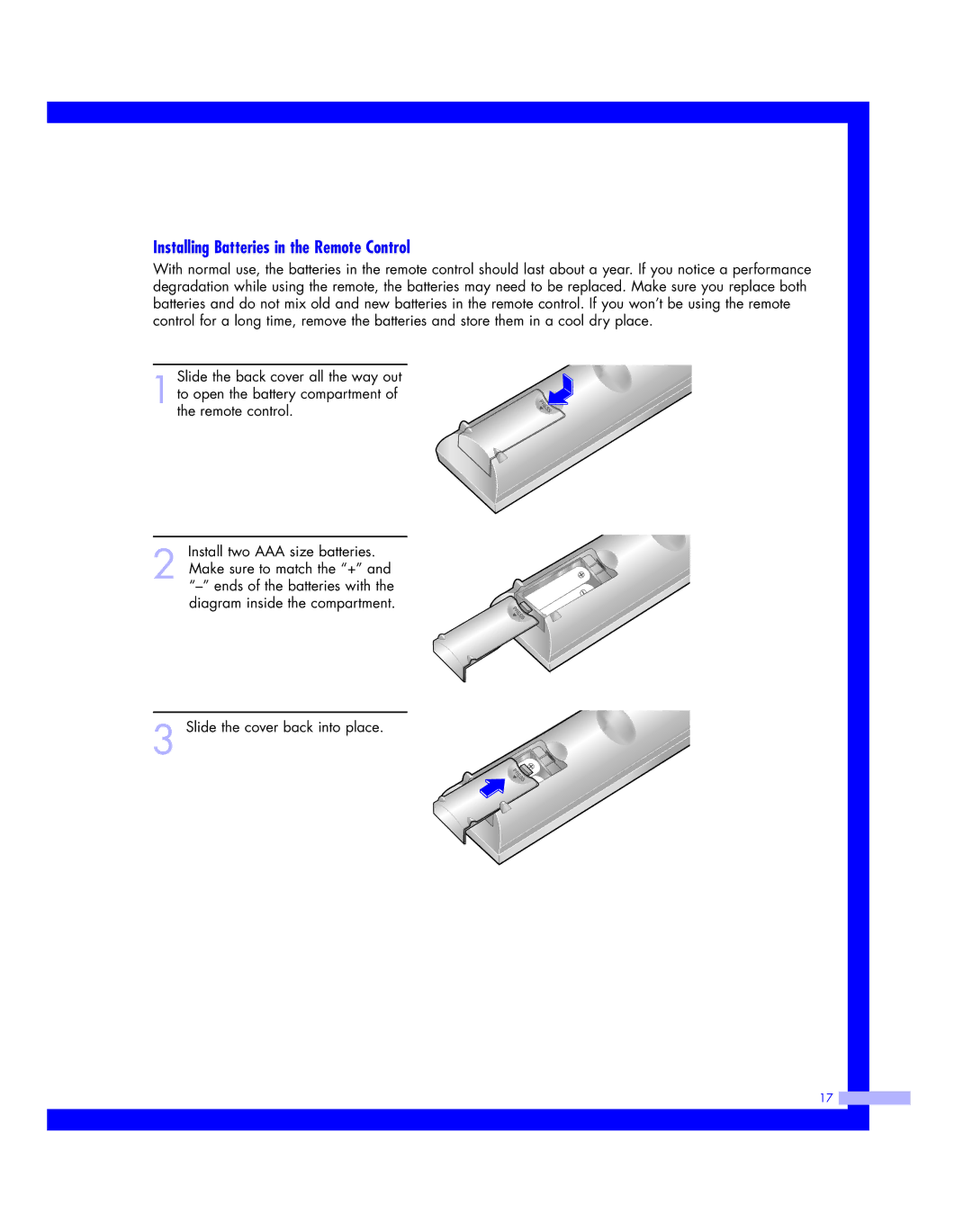 Samsung HLM 5065W, HLM617W, HLM507W, HLM 437W, HLM4365W instruction manual Installing Batteries in the Remote Control 