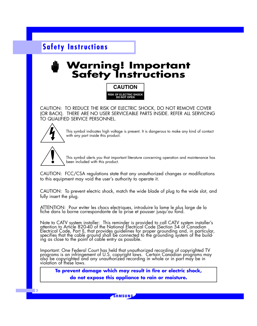 Samsung HLM 5065W, HLM617W, HLM507W, HLM 437W, HLM4365W instruction manual Safety Instructions 