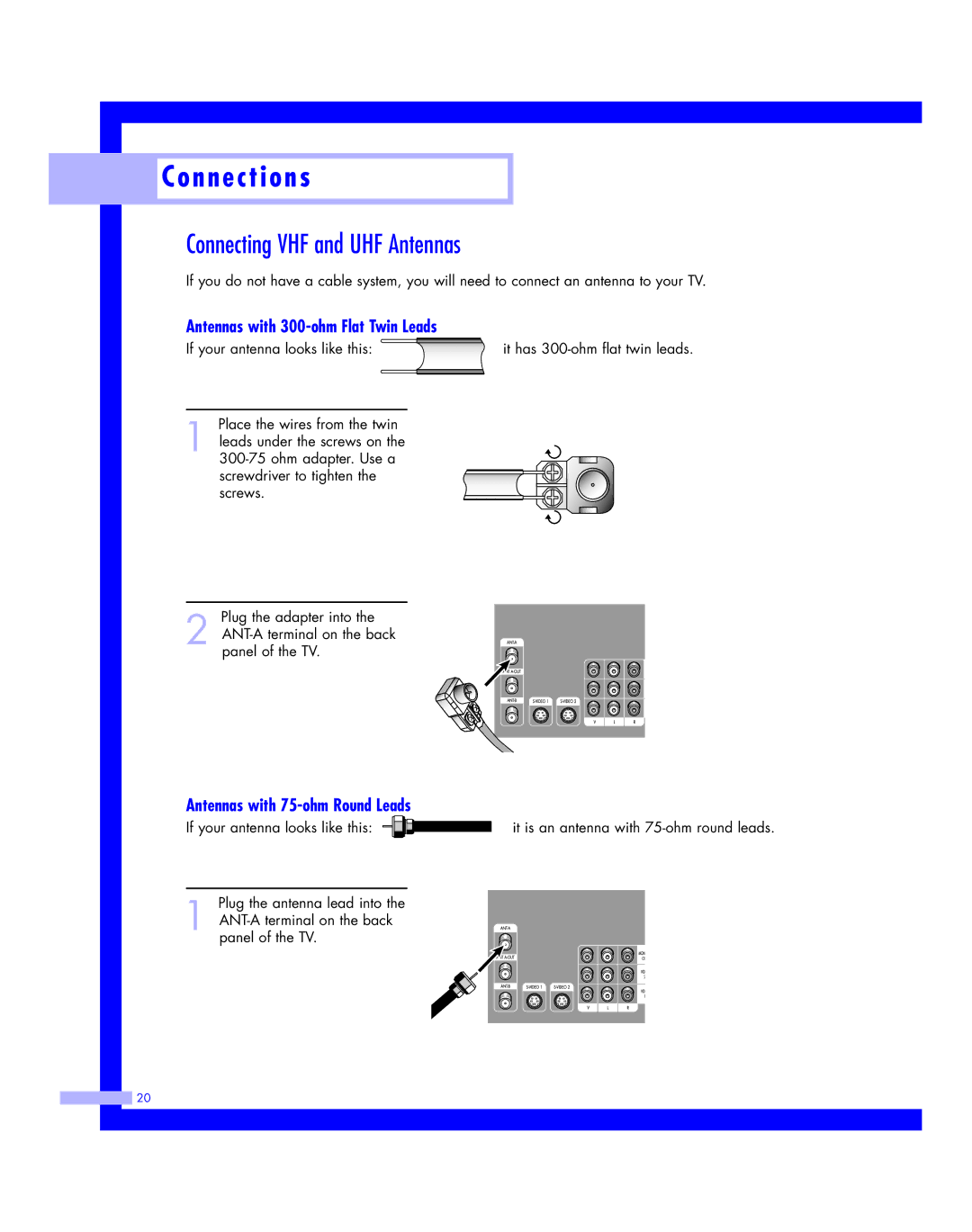 Samsung HLM617W Connecting VHF and UHF Antennas, Antennas with 300-ohm Flat Twin Leads, Antennas with 75-ohm Round Leads 