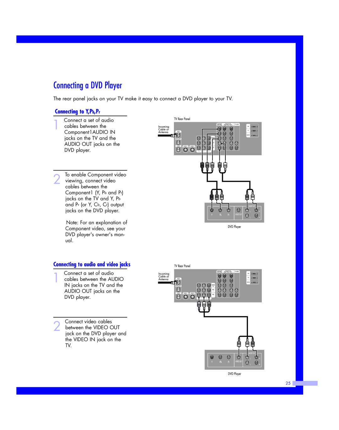 Samsung HLM617W, HLM507W, HLM 5065W Connecting a DVD Player, Connecting to Y,Pb,Pr, Connecting to audio and video jacks 