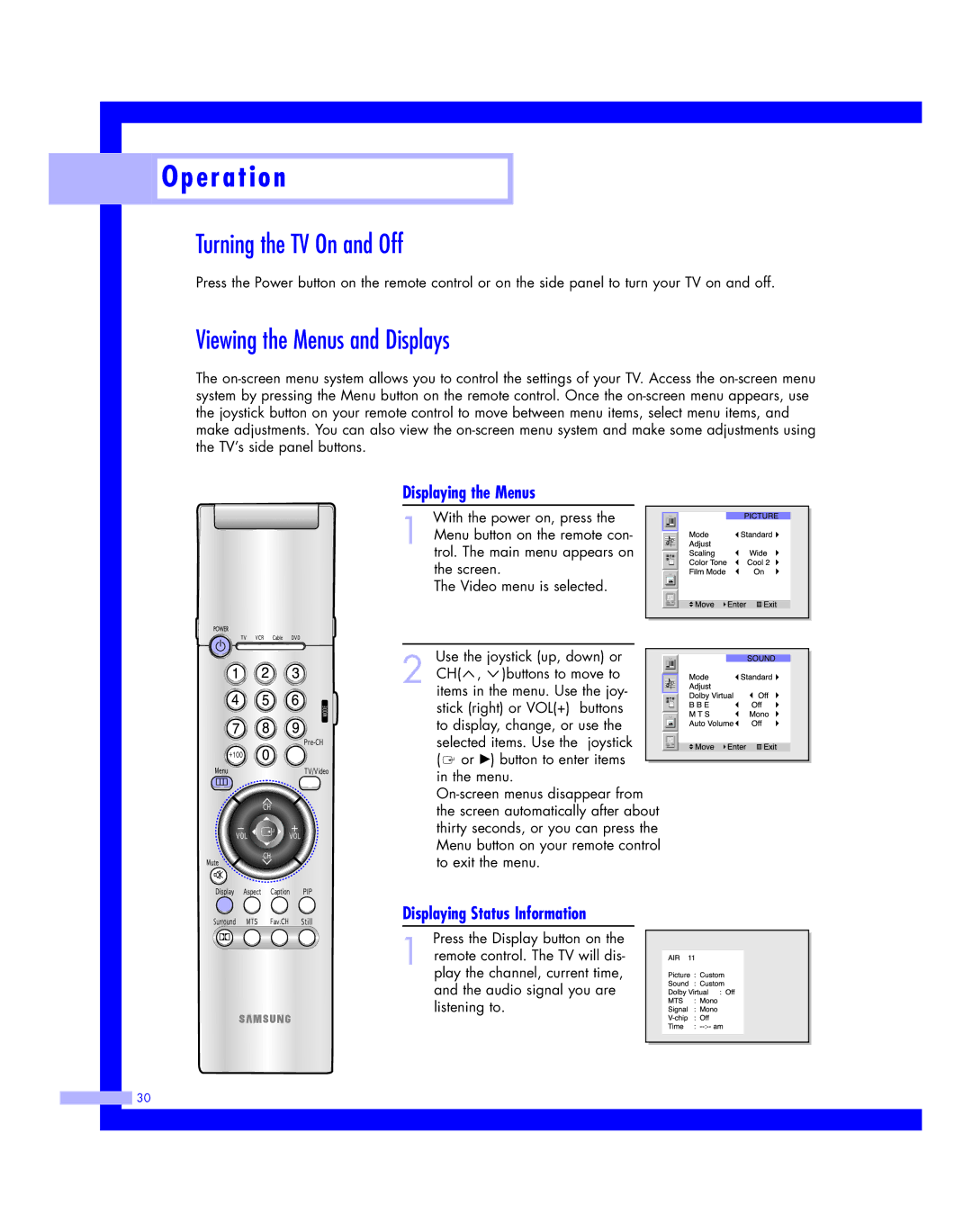 Samsung HLM617W, HLM507W, HLM 5065W Turning the TV On and Off, Viewing the Menus and Displays, Displaying the Menus 