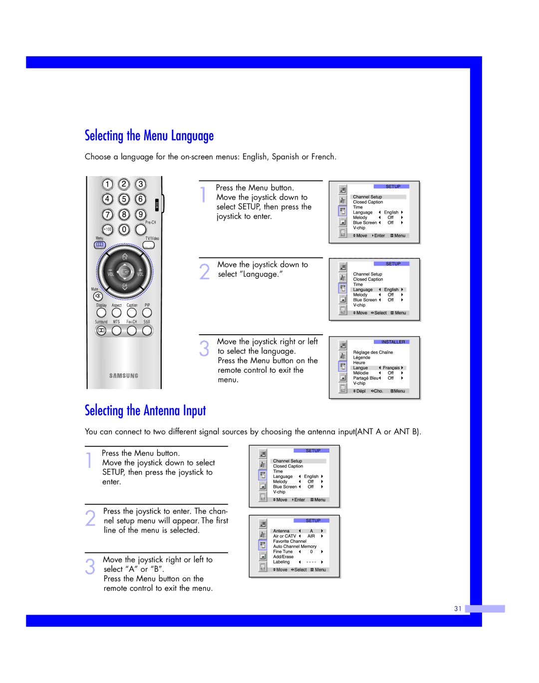 Samsung HLM507W, HLM617W, HLM 5065W, HLM 437W, HLM4365W Selecting the Menu Language, Selecting the Antenna Input 