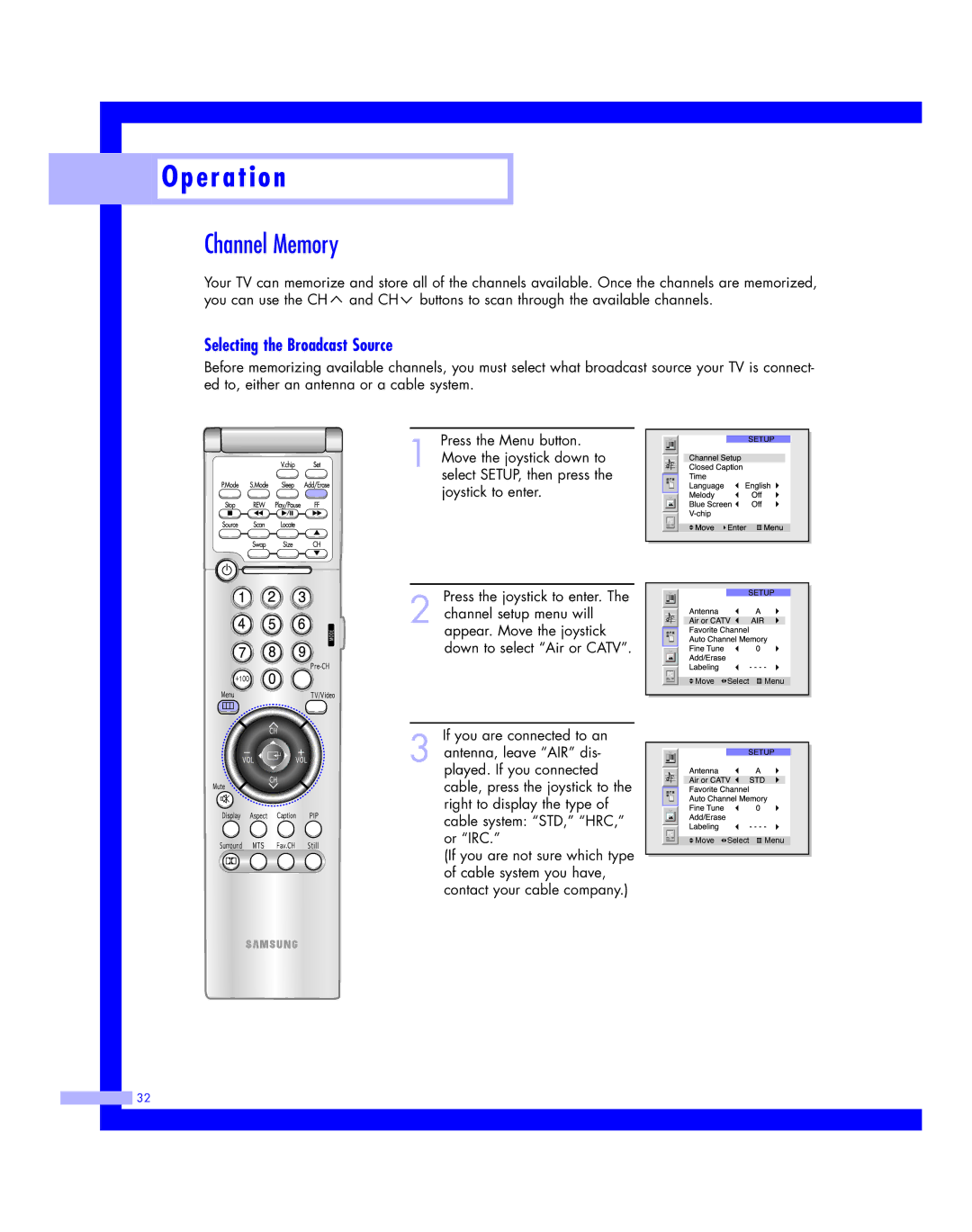 Samsung HLM 5065W, HLM617W, HLM507W, HLM 437W, HLM4365W instruction manual Channel Memory, Selecting the Broadcast Source 