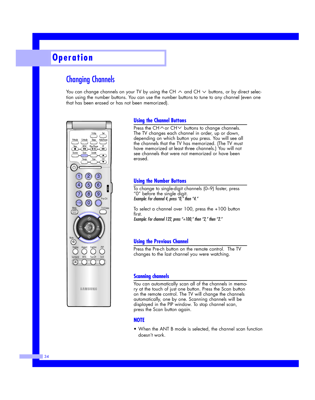 Samsung HLM4365W Changing Channels, Using the Channel Buttons, Using the Number Buttons, Using the Previous Channel 