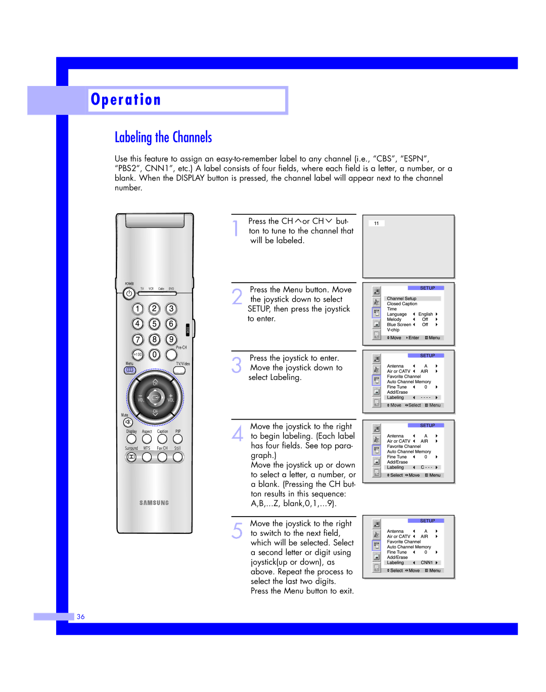 Samsung HLM507W, HLM617W, HLM 5065W, HLM 437W, HLM4365W instruction manual Labeling the Channels 