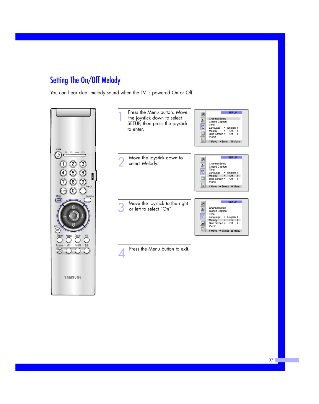 Samsung HLM 5065W, HLM617W, HLM507W, HLM 437W, HLM4365W instruction manual Setting The On/Off Melody 