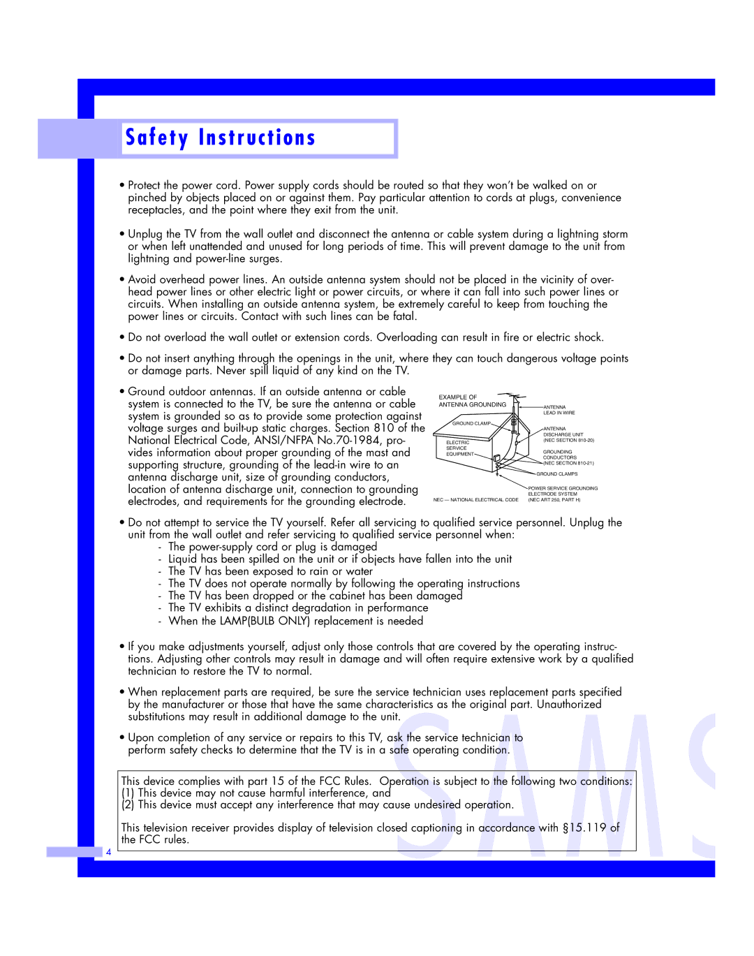 Samsung HLM4365W, HLM617W, HLM507W, HLM 5065W, HLM 437W instruction manual Example Antenna Grounding 