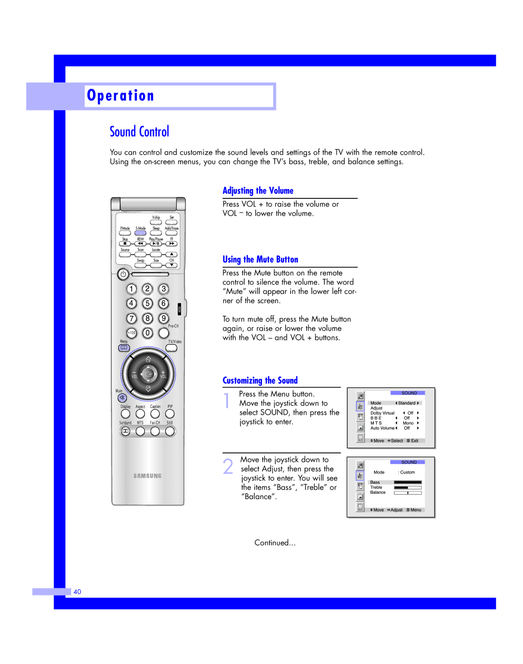 Samsung HLM617W, HLM507W, HLM 5065W Sound Control, Adjusting the Volume, Using the Mute Button, Customizing the Sound 