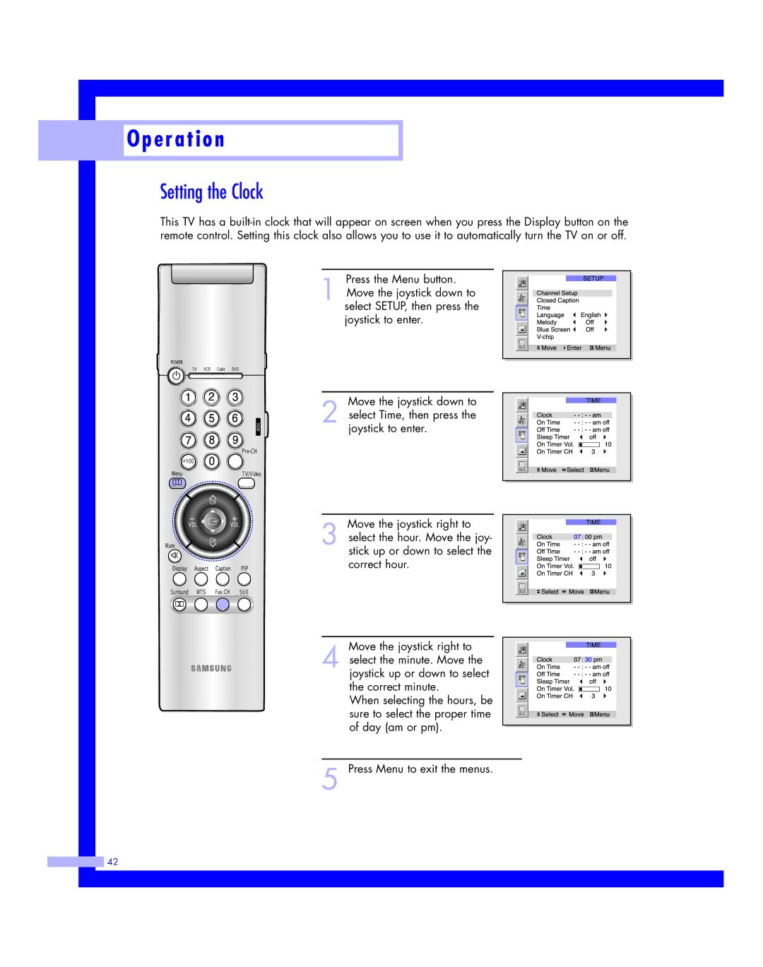 Samsung HLM 5065W, HLM617W, HLM507W, HLM 437W, HLM4365W instruction manual Setting the Clock 