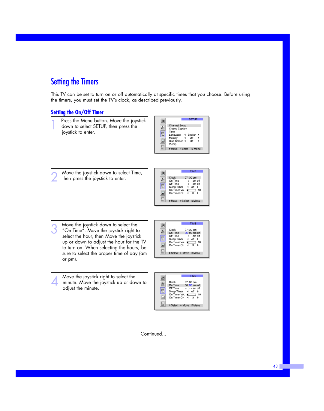 Samsung HLM 437W, HLM617W, HLM507W, HLM 5065W, HLM4365W instruction manual Setting the Timers, Setting the On/Off Timer 