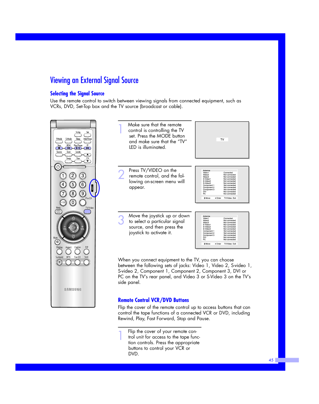 Samsung HLM617W, HLM507W Viewing an External Signal Source, Selecting the Signal Source, Remote Control VCR/DVD Buttons 