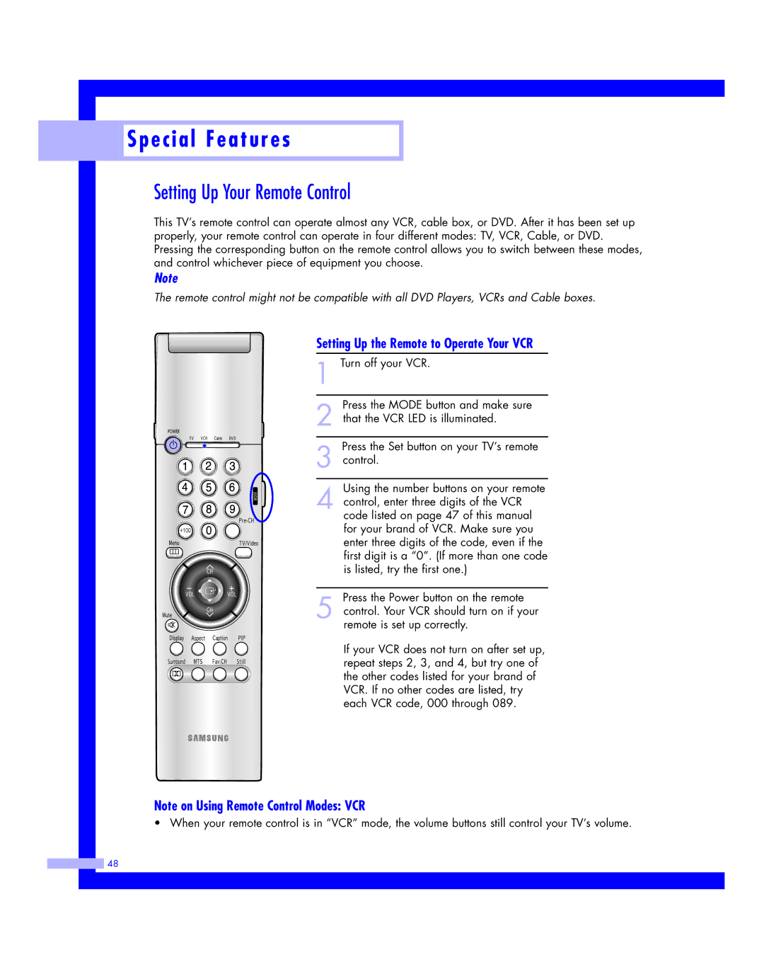 Samsung HLM 437W, HLM617W, HLM507W, HLM 5065W Setting Up Your Remote Control, Setting Up the Remote to Operate Your VCR 