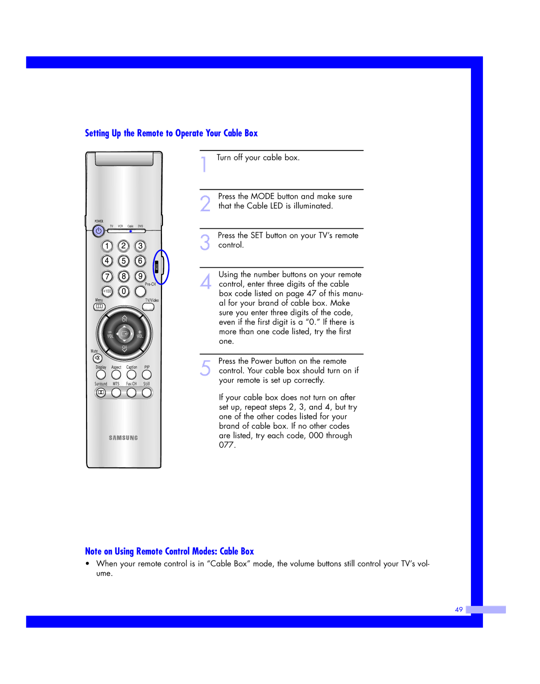 Samsung HLM4365W, HLM617W, HLM507W, HLM 5065W, HLM 437W instruction manual Setting Up the Remote to Operate Your Cable Box 