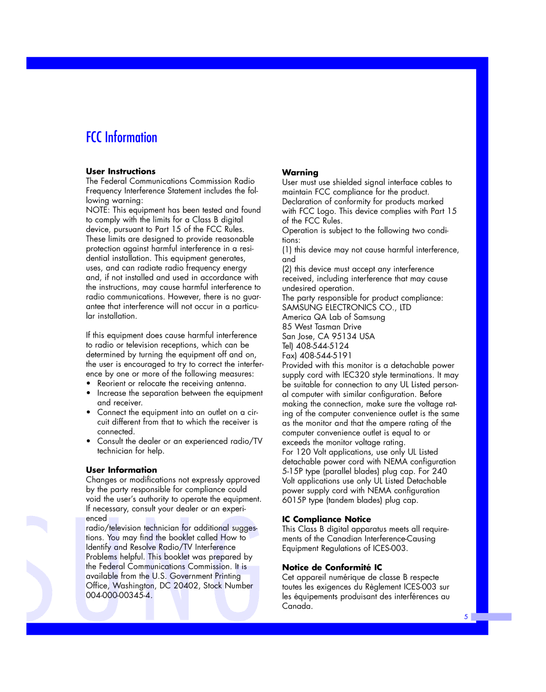 Samsung HLM617W, HLM507W, HLM 5065W, HLM 437W, HLM4365W instruction manual FCC Information, User Instructions 