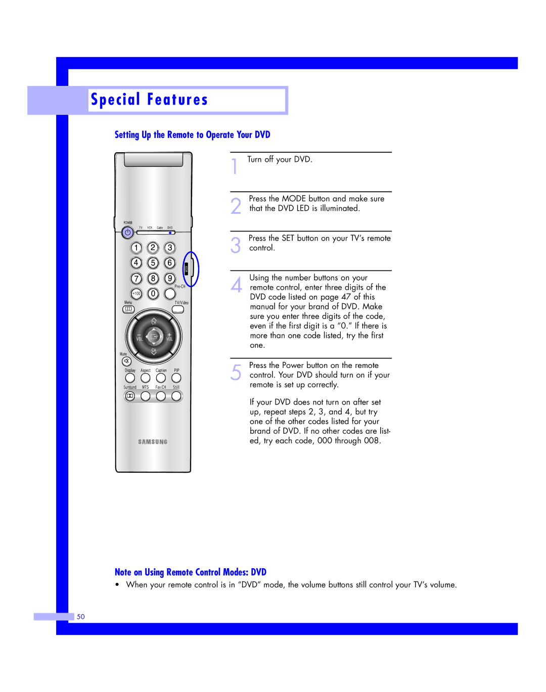 Samsung HLM617W, HLM507W, HLM 5065W, HLM 437W, HLM4365W instruction manual Setting Up the Remote to Operate Your DVD 