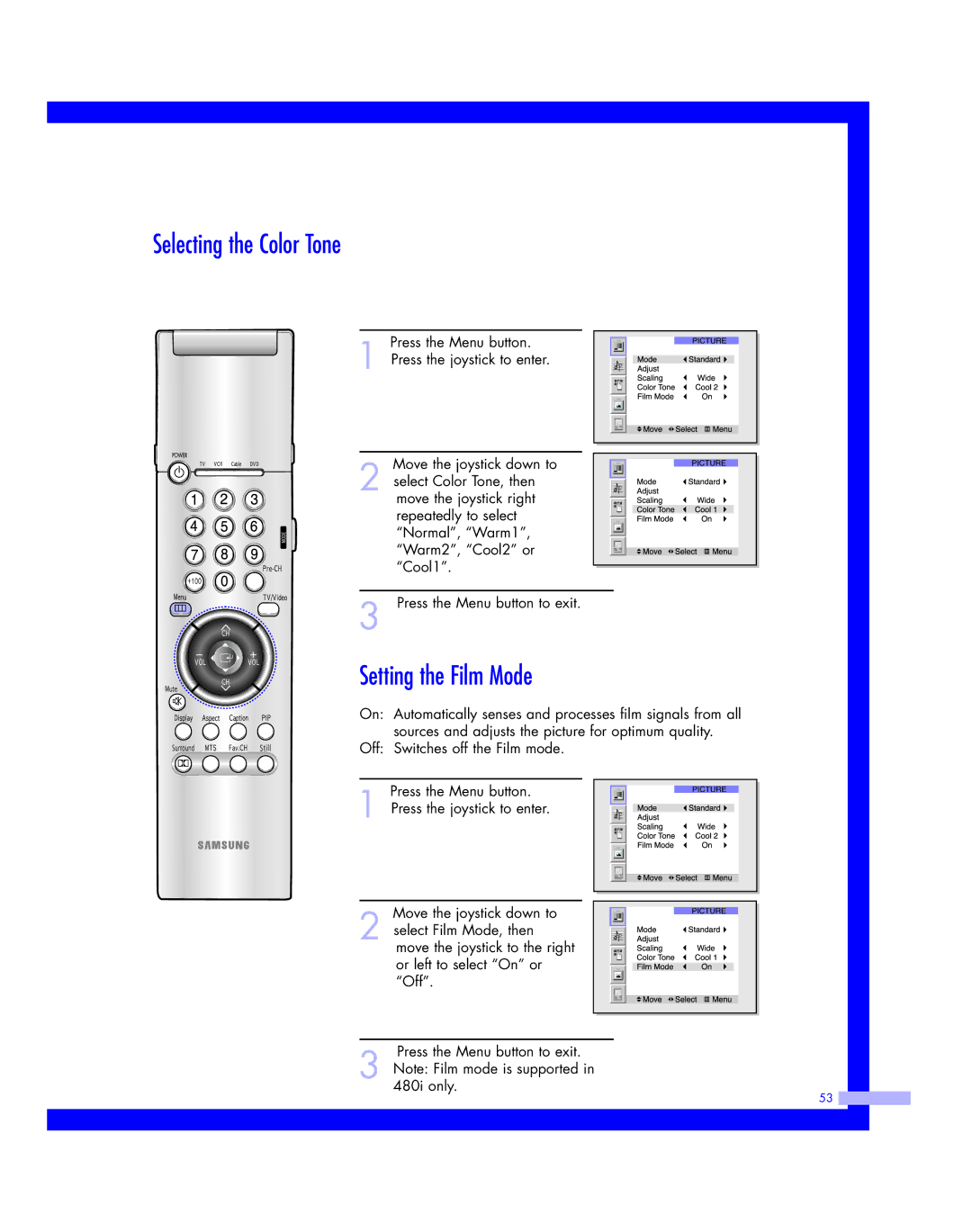 Samsung HLM 437W, HLM617W, HLM507W, HLM 5065W, HLM4365W instruction manual Selecting the Color Tone, Setting the Film Mode 