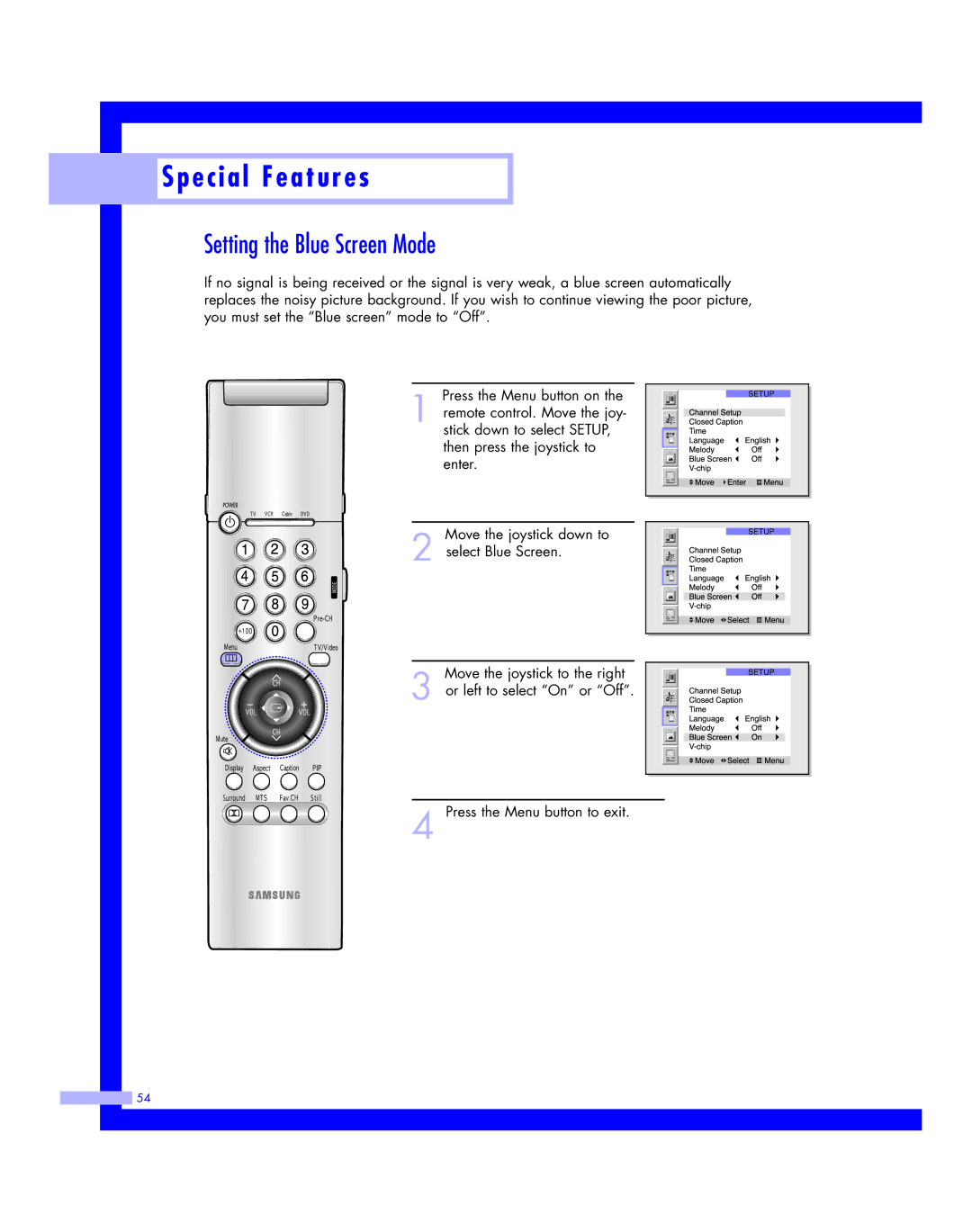 Samsung HLM4365W, HLM617W, HLM507W, HLM 5065W, HLM 437W instruction manual Setting the Blue Screen Mode 