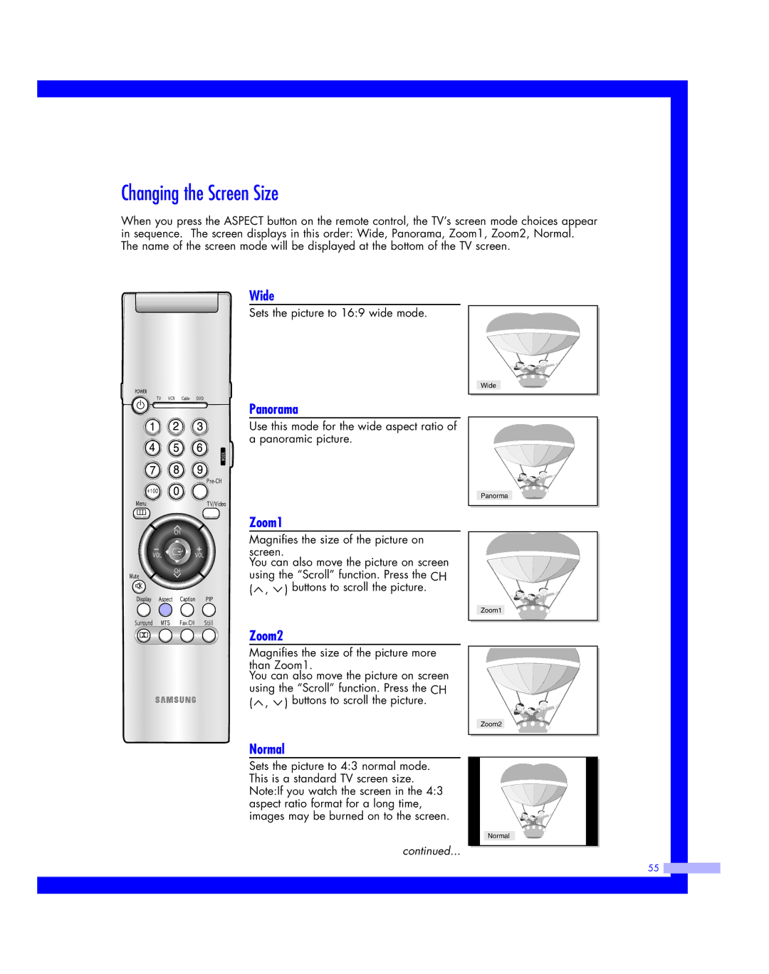 Samsung HLM617W, HLM507W, HLM 5065W, HLM 437W, HLM4365W instruction manual Changing the Screen Size 