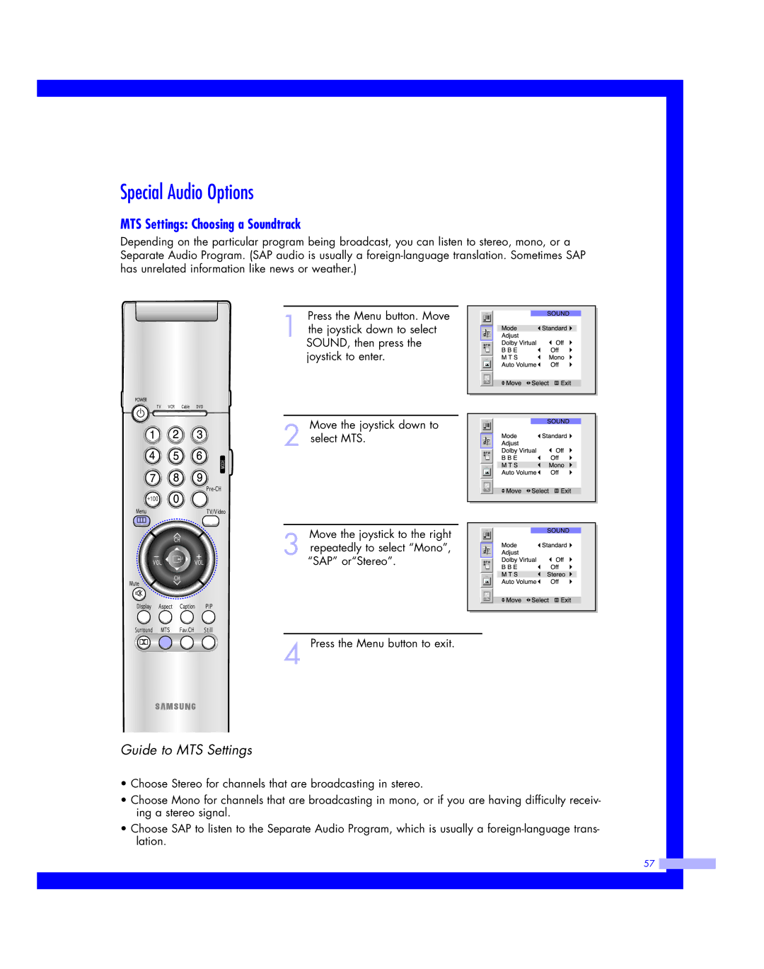 Samsung HLM 5065W, HLM617W, HLM507W, HLM 437W, HLM4365W Special Audio Options, MTS Settings Choosing a Soundtrack 