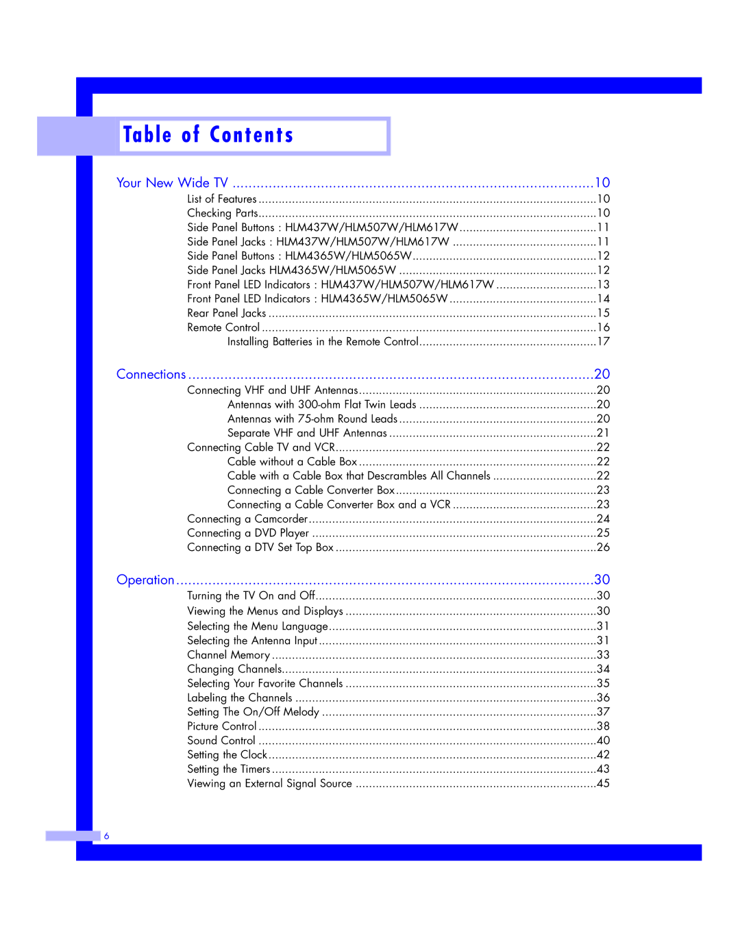 Samsung HLM507W, HLM617W, HLM 5065W, HLM 437W, HLM4365W instruction manual Table of Contents 