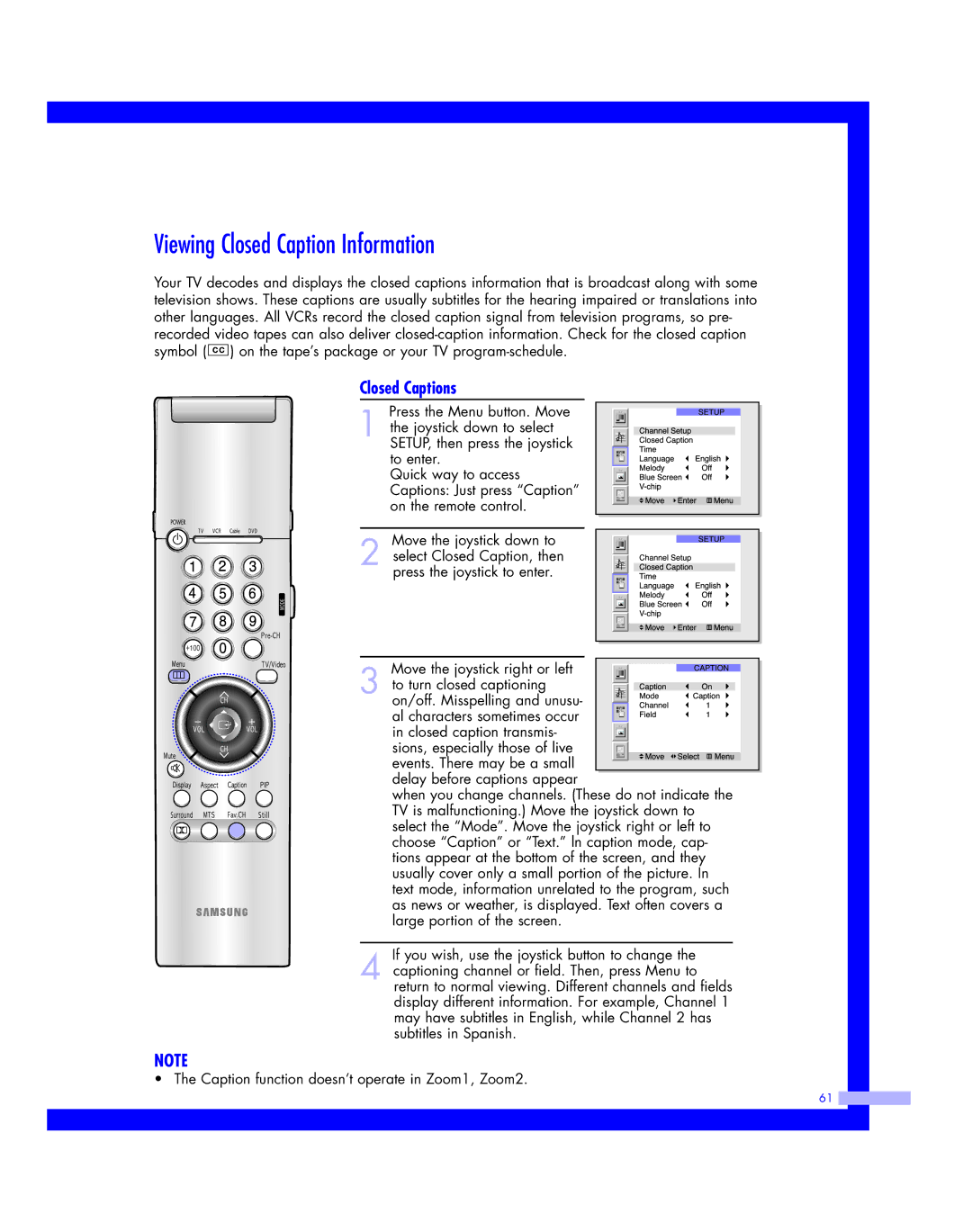 Samsung HLM507W, HLM617W, HLM 5065W, HLM 437W, HLM4365W instruction manual Viewing Closed Caption Information, Closed Captions 