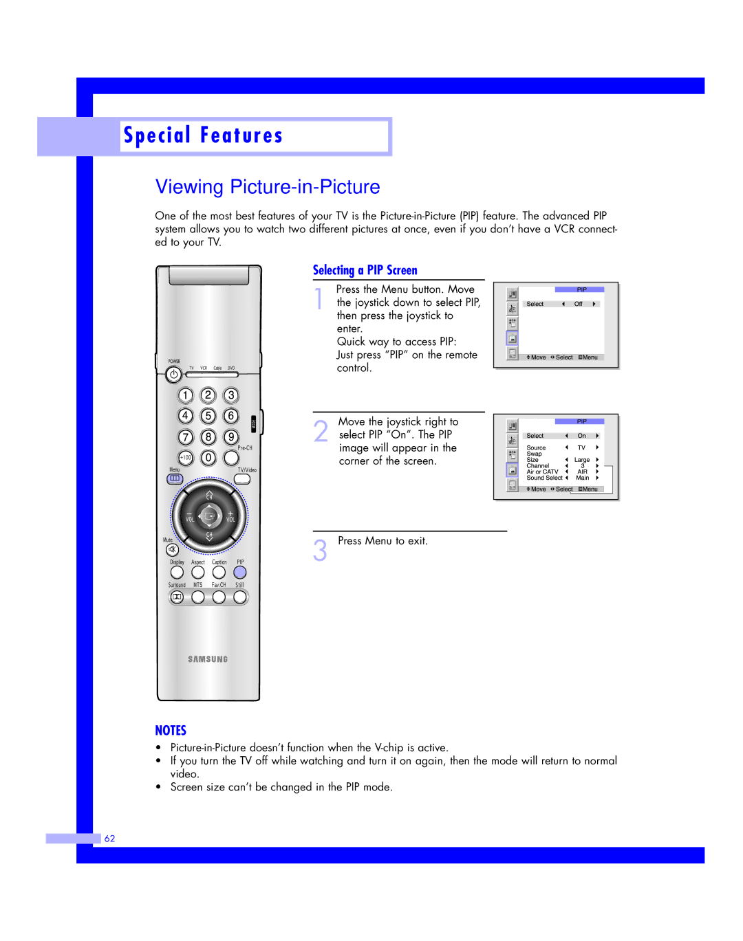 Samsung HLM 5065W, HLM617W, HLM507W, HLM 437W, HLM4365W instruction manual Viewing Picture-in-Picture, Selecting a PIP Screen 