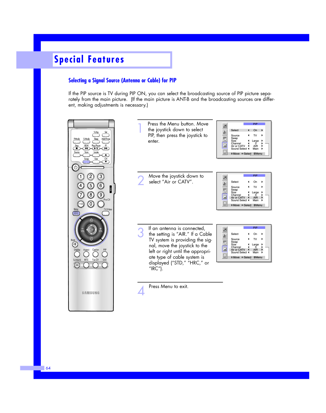 Samsung HLM4365W, HLM617W, HLM507W, HLM 5065W, HLM 437W instruction manual Selecting a Signal Source Antenna or Cable for PIP 