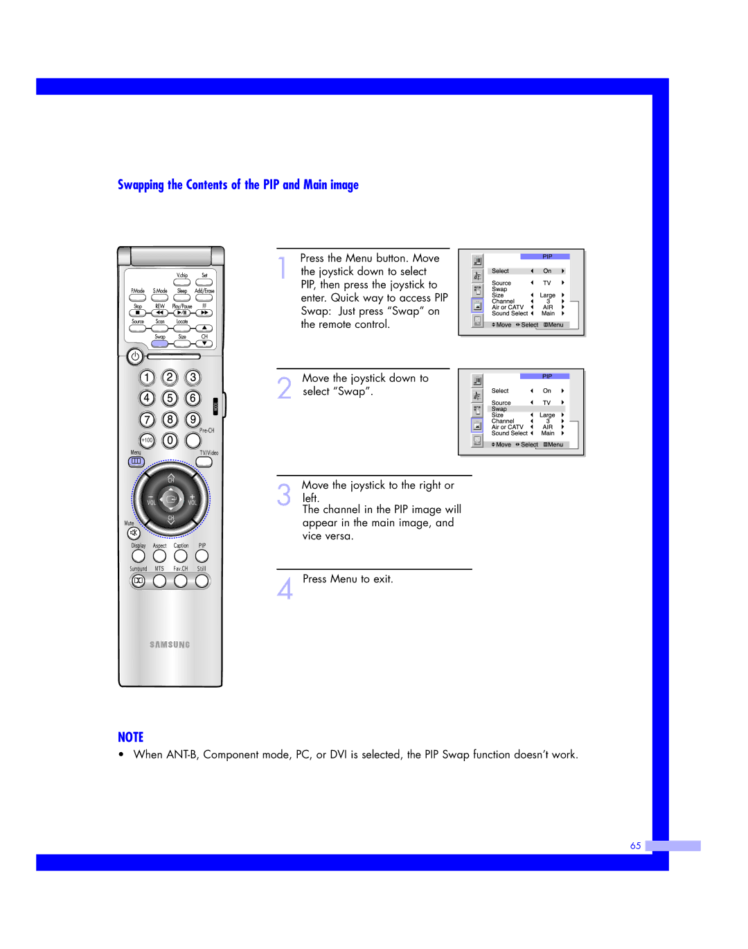 Samsung HLM617W, HLM507W, HLM 5065W, HLM 437W, HLM4365W instruction manual Swapping the Contents of the PIP and Main image 