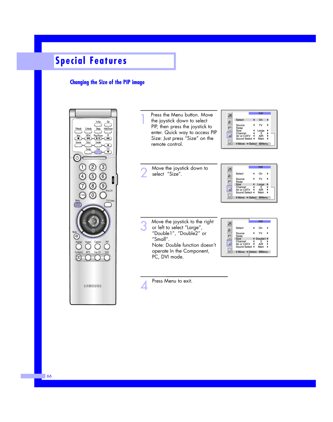 Samsung HLM507W, HLM617W, HLM 5065W, HLM 437W, HLM4365W instruction manual Changing the Size of the PIP image 