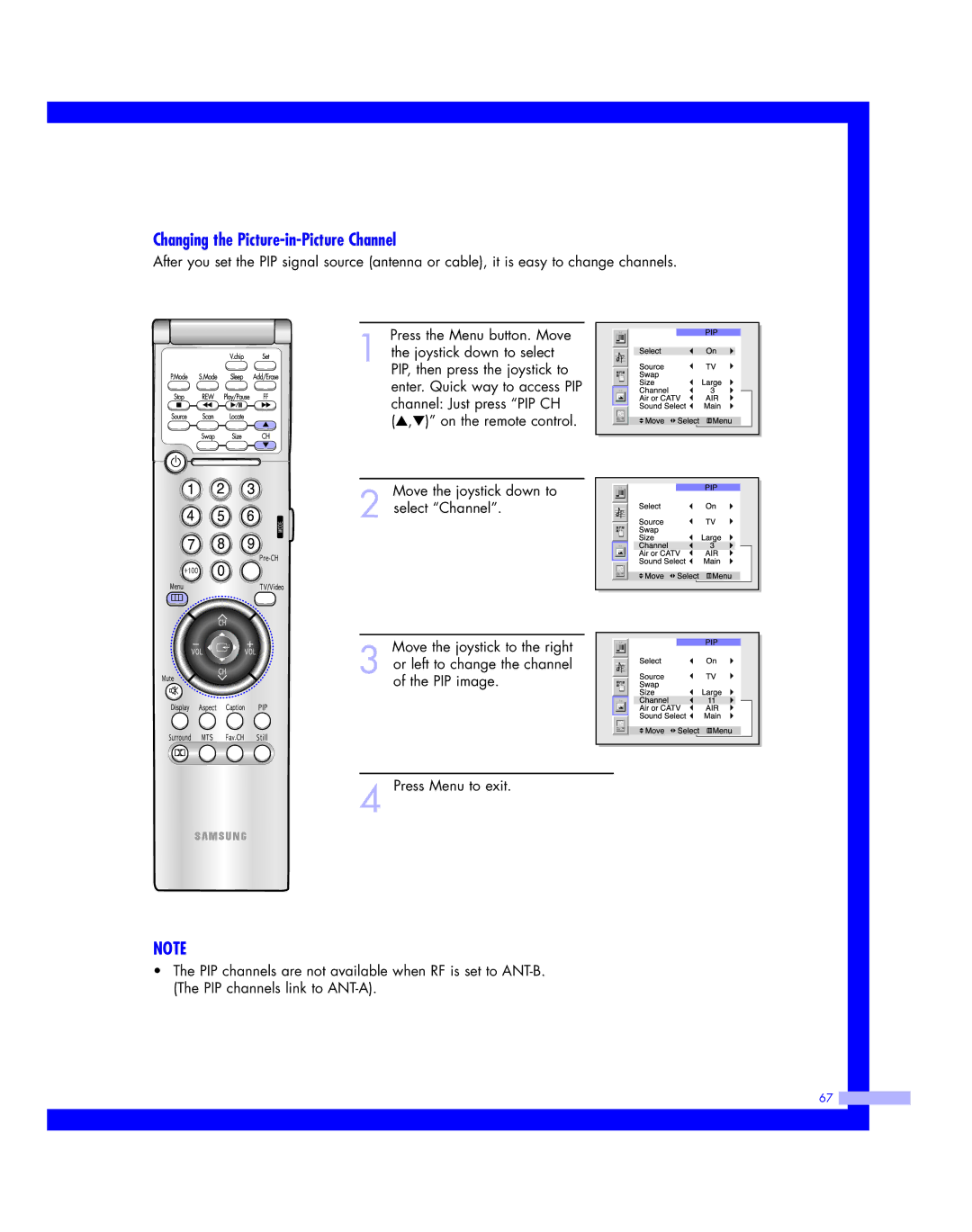 Samsung HLM 5065W, HLM617W, HLM507W, HLM 437W, HLM4365W instruction manual Changing the Picture-in-Picture Channel 