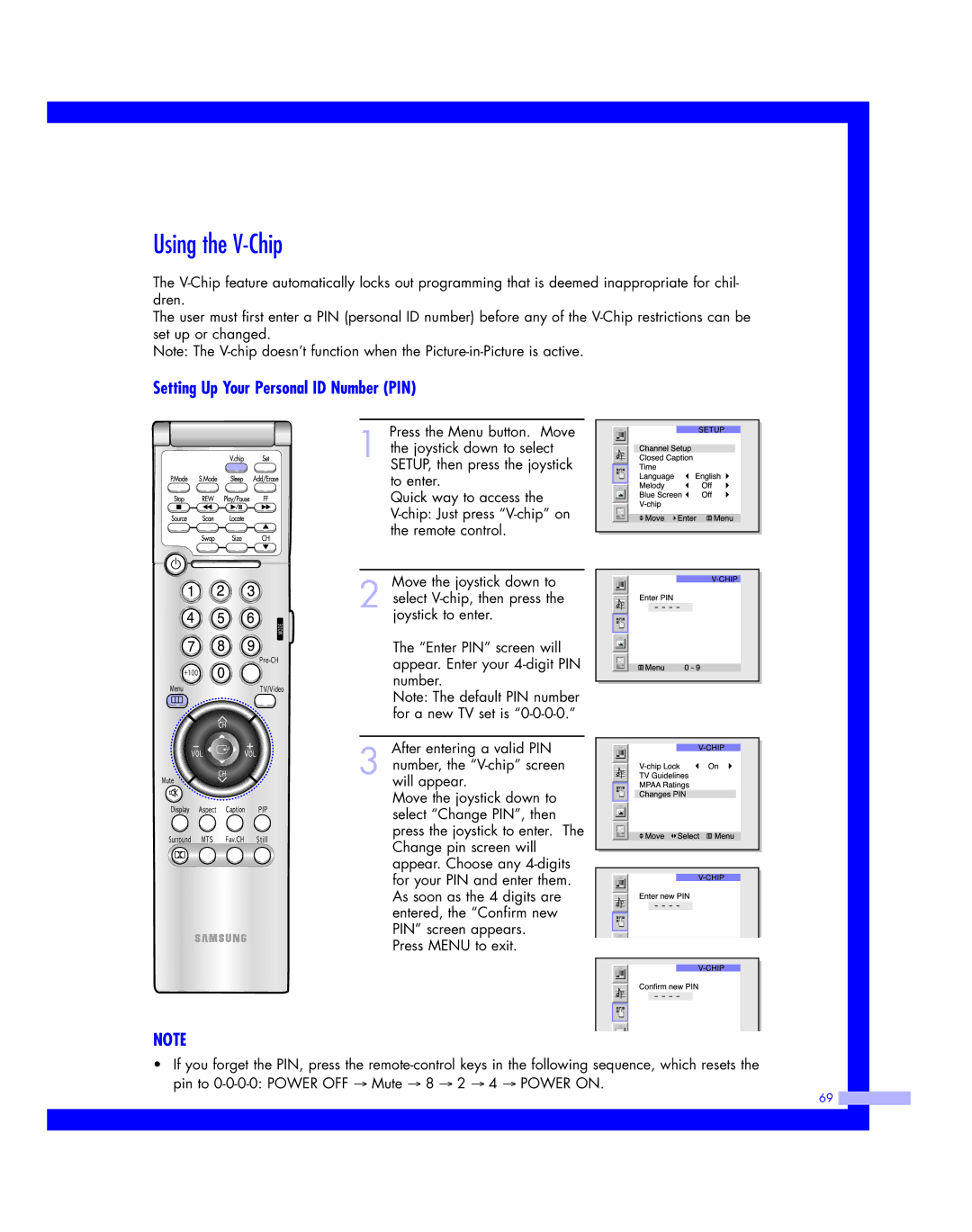 Samsung HLM4365W, HLM617W, HLM507W, HLM 5065W, HLM 437W Using the V-Chip, Setting Up Your Personal ID Number PIN 