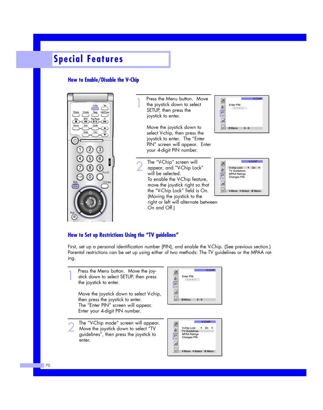 Samsung HLM617W, HLM507W, HLM 5065W How to Enable/Disable the V-Chip, How to Set up Restrictions Using the TV guidelines 