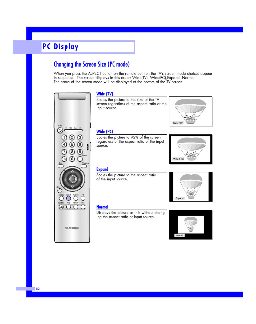 Samsung HLM 5065W, HLM617W, HLM507W, HLM 437W, HLM4365W Changing the Screen Size PC mode, Wide TV, Wide PC, Expand 