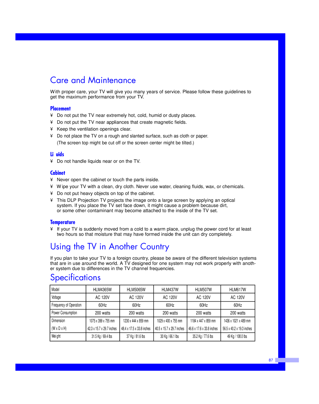 Samsung HLM 5065W, HLM617W, HLM507W, HLM 437W, HLM4365W Care and Maintenance, Using the TV in Another Country, Specifications 