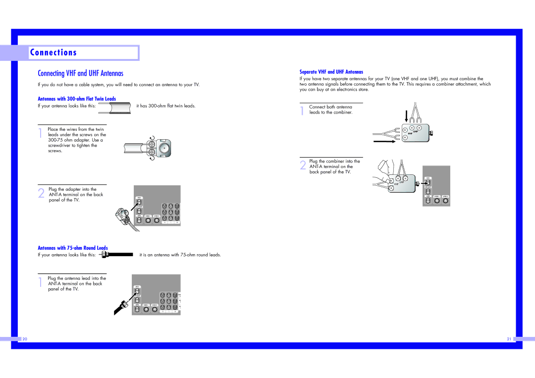 Samsung HLN467W1, HLN5065W1 N n e c t i o n s, Connecting VHF and UHF Antennas, Antennas with 300-ohm Flat Twin Leads 