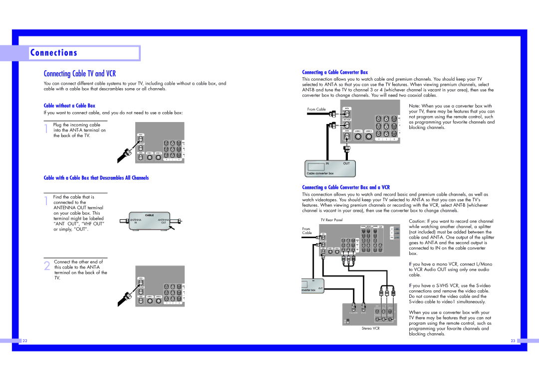 Samsung HLN5065W1, HLN4365W1 Connecting Cable TV and VCR, Cable without a Cable Box, Connecting a Cable Converter Box 