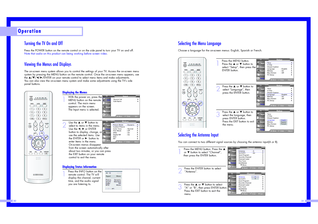 Samsung HLN567W1 E r a t i o n, Turning the TV On and Off, Selecting the Menu Language, Viewing the Menus and Displays 