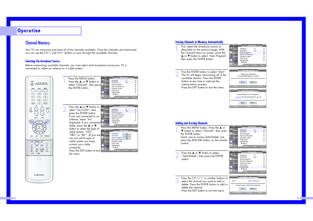 Samsung HLN467W1, HLN5065W1, HLN4365W1, HLN617W1 Channel Memory, Selecting the Broadcast Source, Adding and Erasing Channels 