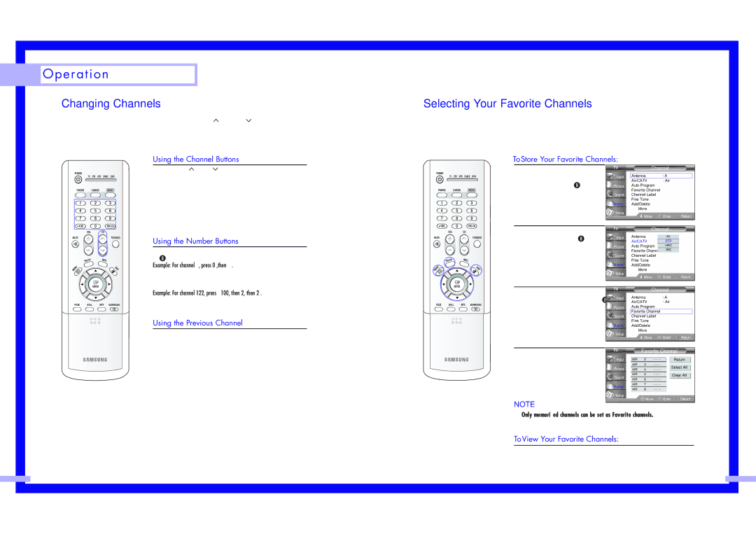 Samsung HLN5065W1, HLN4365W1, HLN617W1, HLN437W1 HLN507W1, HLN567W1 Changing Channels, Selecting Your Favorite Channels 