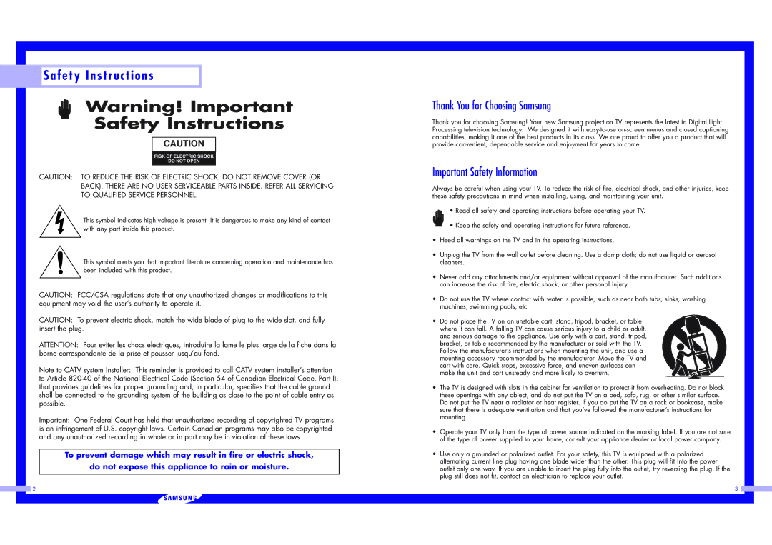 Samsung HLN617W1, HLN5065W1, HLN4365W1 Safety Instructions, Thank You for Choosing Samsung, Important Safety Information 