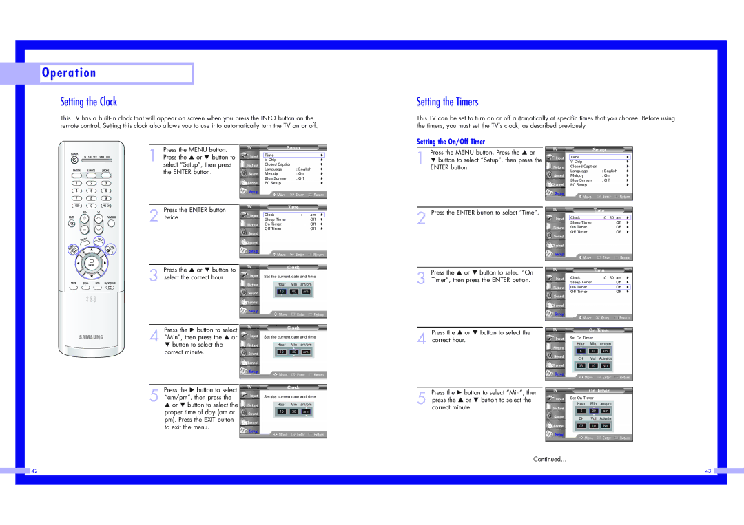 Samsung HLN567W1, HLN5065W1, HLN4365W1, HLN617W1, HLN467W1 Setting the Clock, Setting the Timers, Setting the On/Off Timer 