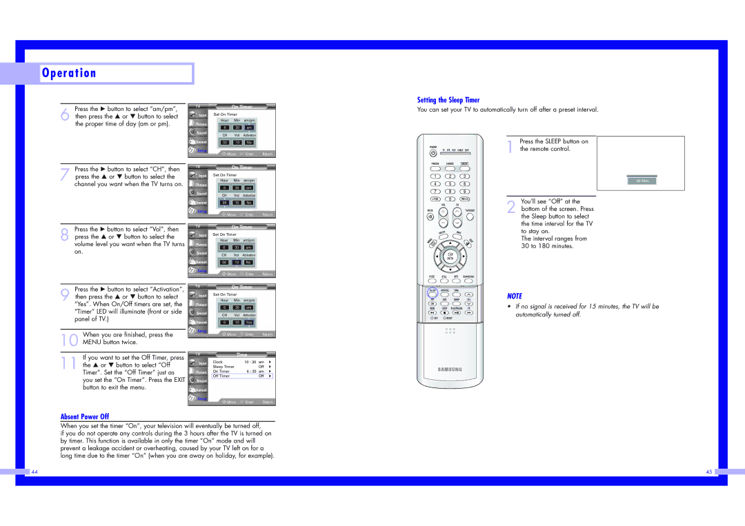 Samsung HLN467W1, HLN5065W1, HLN4365W1, HLN617W1, HLN437W1 HLN507W1, HLN567W1 Setting the Sleep Timer, Absent Power Off 