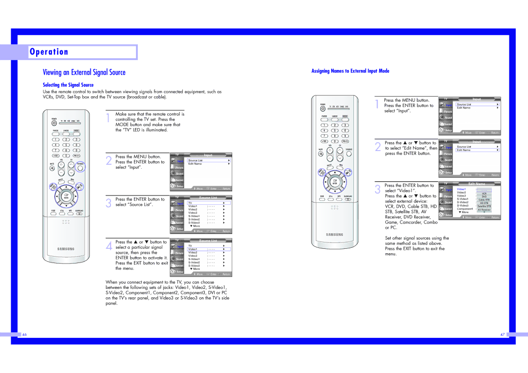 Samsung HLN5065W1 Viewing an External Signal Source, Selecting the Signal Source, Assigning Names to External Input Mode 